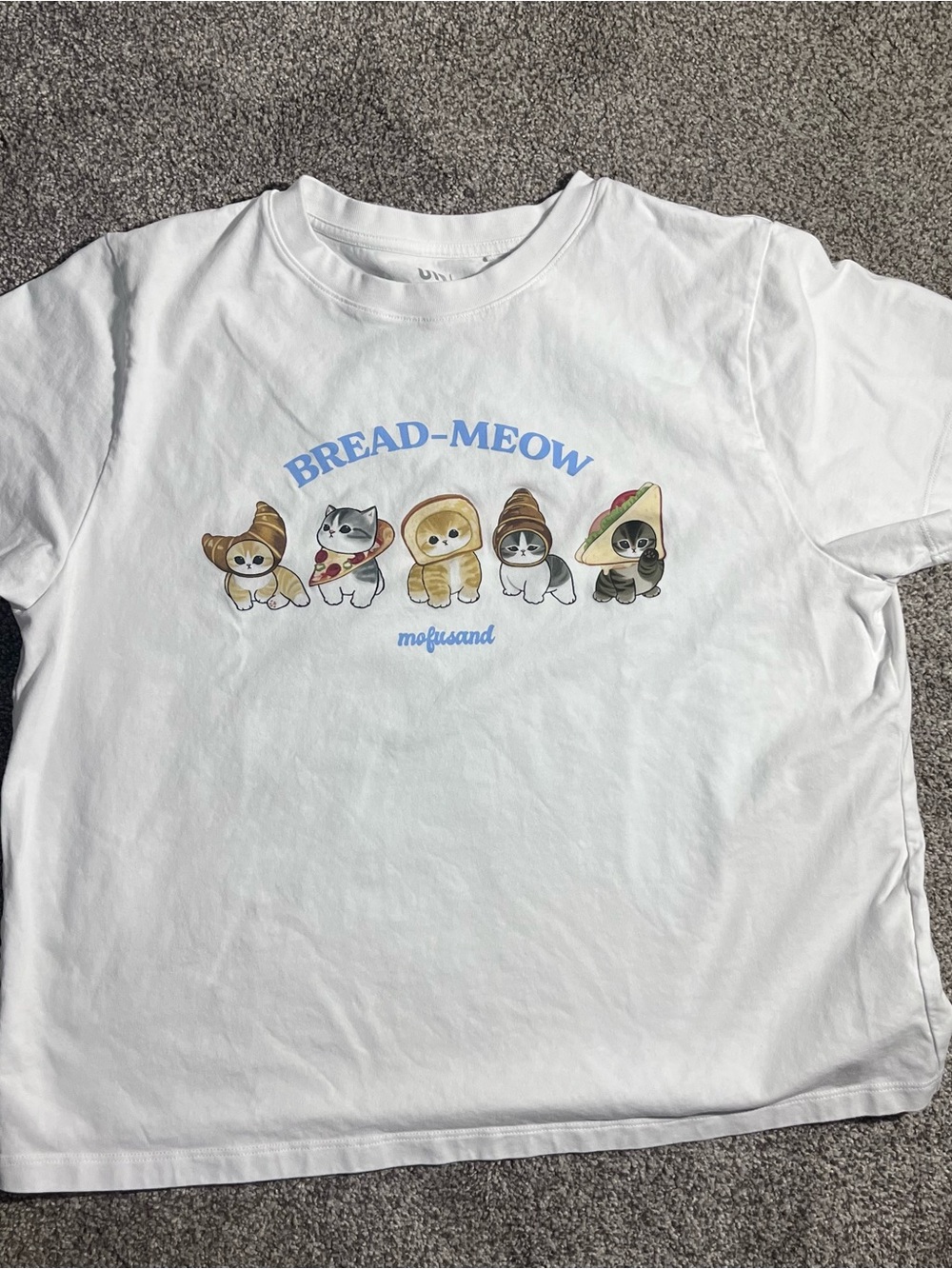 Uniqlo White Bread-Meow Cat Graphic Tee with Colorful Cartoon Prints